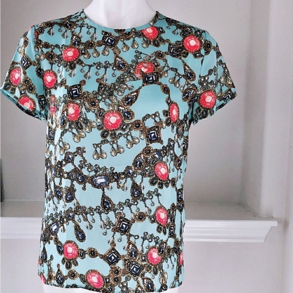 Banana Republic Silky Jewelry Print Short Sleeve Top Blue